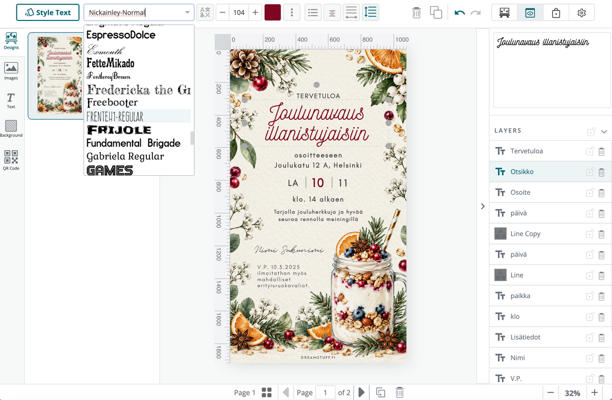 Digitaalinen pikkujoulukutsu – Marjaherkku | Muokattava kutsu (JPG)