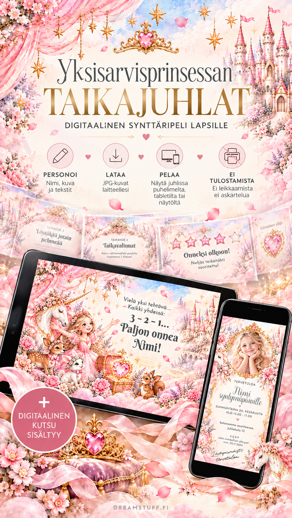 Yksisarvisprinsessan taikajuhlat – Digitaalinen synttäripeli + kutsu