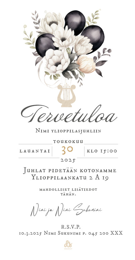 Painettu kutsu ylioppilasjuhlaan - Ilmapallot