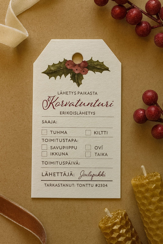 Tervehdys joulutontulta -pakettikortti, johon voi kirjoittaa lapsen nimen tai viestin. Hauska ja personoitava kortti joulupaketteihin.