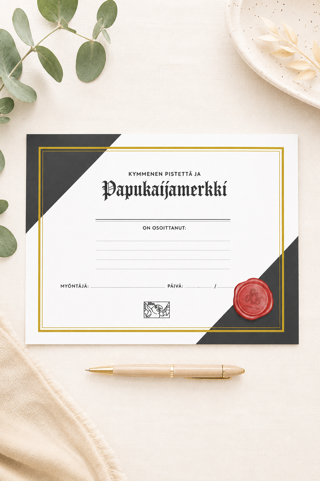 Papukaijamerkki ja diplomi suomalainen lahjaidea