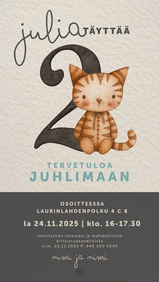 Digitaalinen syntymäpäiväkutsu lapselle, jossa iso synttärinumero ja suloinen pehmokissa koristeena.