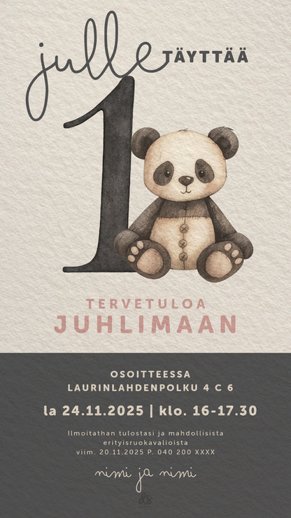 Suloinen digitaalinen syntymäpäiväkutsu, jossa synttärinumero ja pehmopanda lapsen juhlaan.