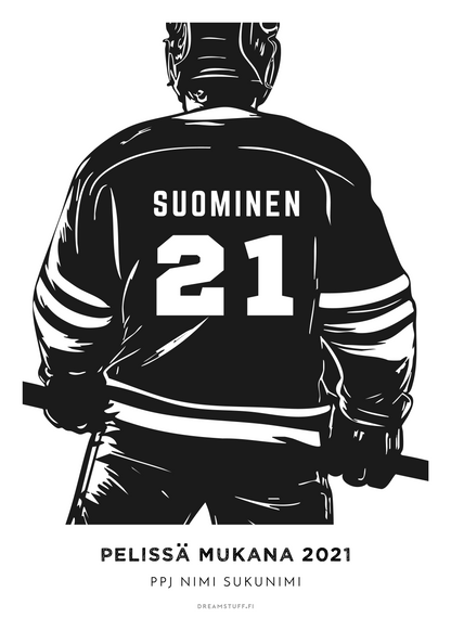 Muokattava jääkiekkojuliste omalla nimellä, pelinumerolla ja teksteillä. Mustavalkoinen pelipaitajuliste 50 x 70 cm koossa, digitaalinen printable-tuote jääkiekkoilijan huoneeseen. Personoitu lahja junioripelaajalle ja jääkiekkoharrastajalle.