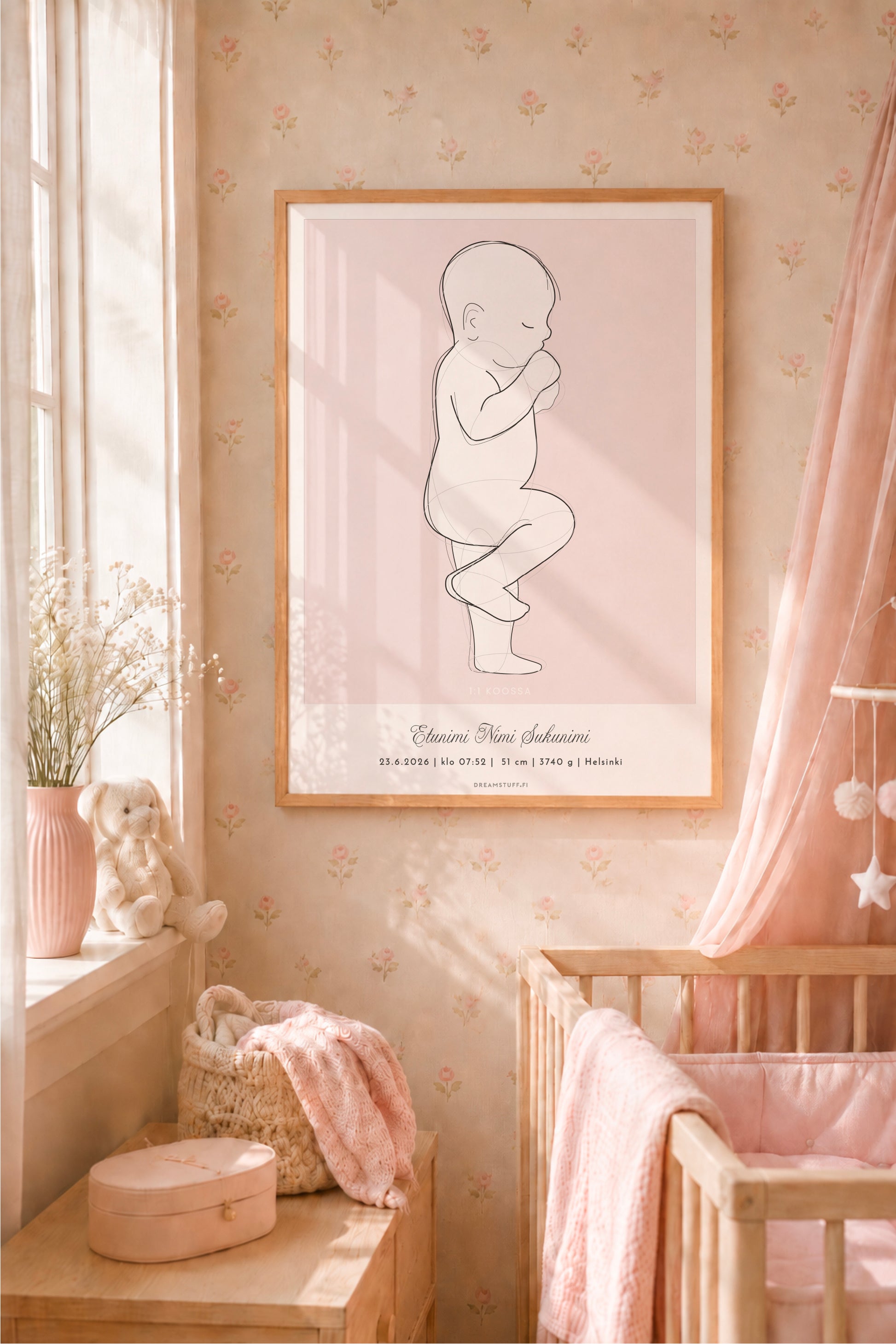 Syntymäjulisteen Corjl-muokkausohje, jossa valitaan vauvan syntymäpituutta vastaava 1:1-kokoinen vauvakuvitus