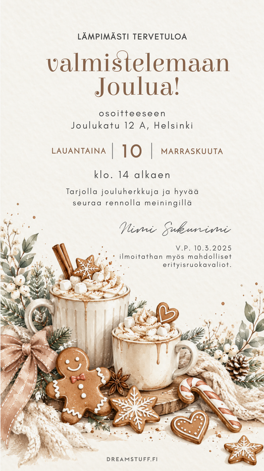 Digitaalinen pikkujoulukutsu – Piparkakku ja kaakao juhla | Muokattava kutsu (JPG)