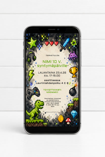 Pixel Game Party digitaalinen synttärikutsu – retro pelimaailma kutsu lapsille | Dreamstuff