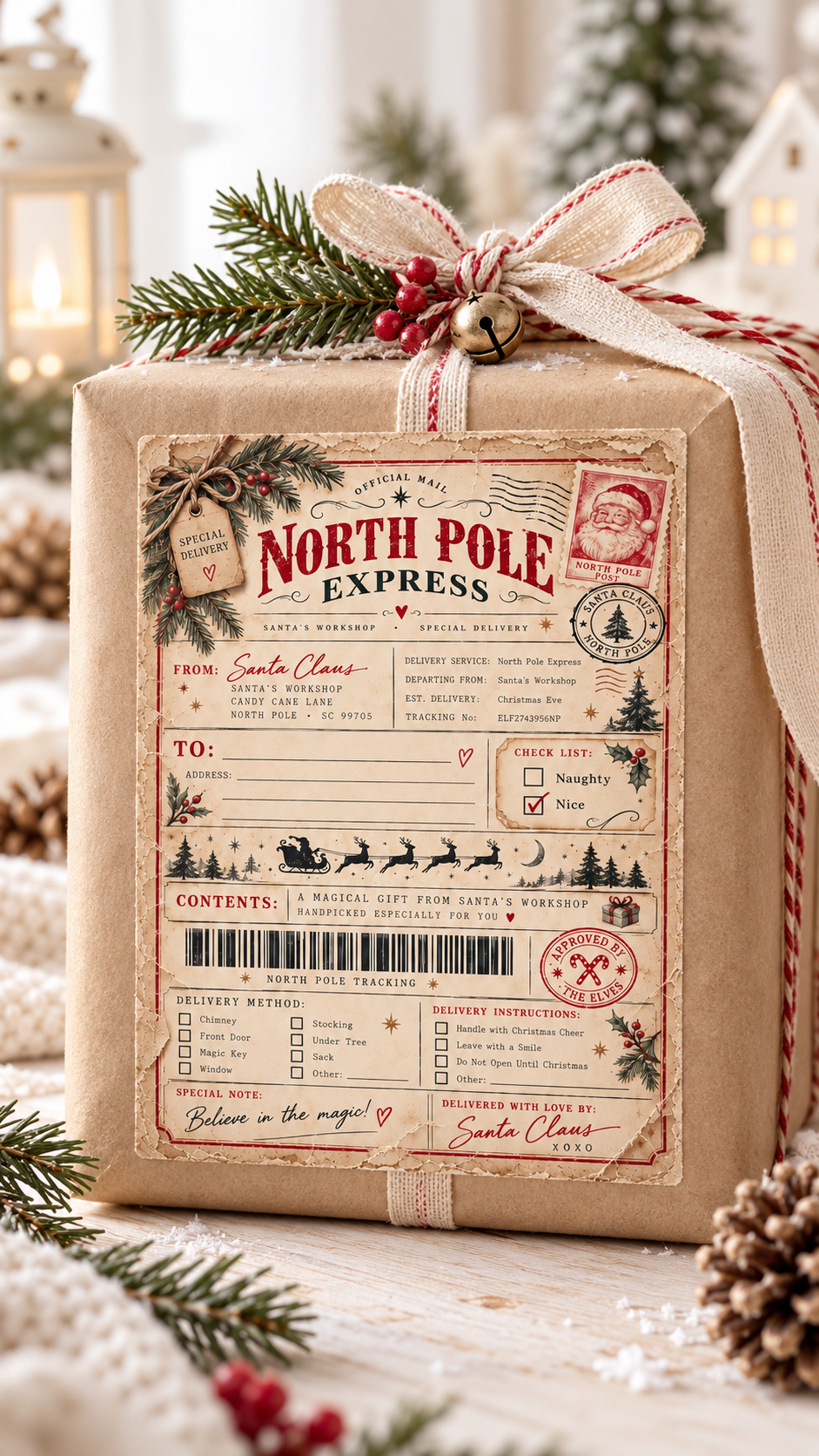 Vintage-tyylinen North Pole Express -joulupukin pakettitarra kiinnitettynä kauniisti paketoituun joululahjaan. Vaalea skandinaavinen joulutunnelma, havunoksia ja punaisia marjoja.
