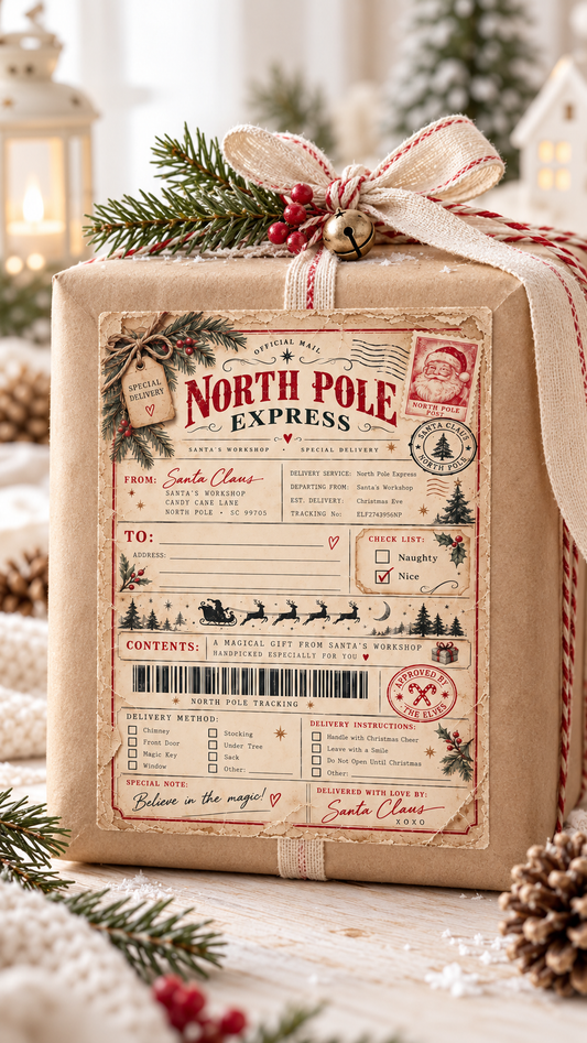 Vintage-tyylinen North Pole Express -joulupukin pakettitarra kiinnitettynä kauniisti paketoituun joululahjaan. Vaalea skandinaavinen joulutunnelma, havunoksia ja punaisia marjoja.