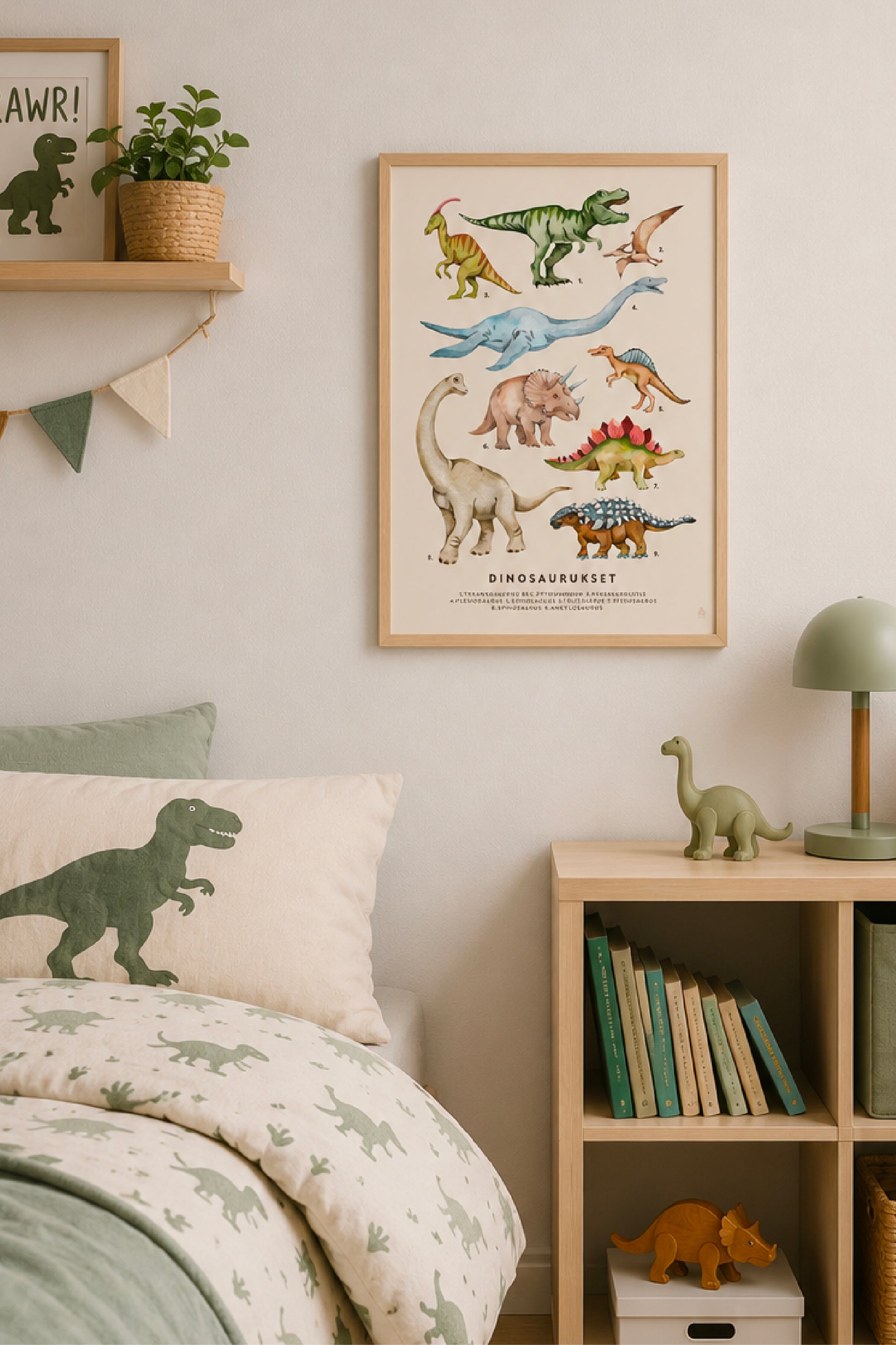 Dinosaurusjuliste lastenhuoneessa skandinaavisessa sisustuksessa. Tulostettava dinosaurusjuliste 30 x 40 cm kehyksissä pojan huoneen seinällä. Opettavainen dinojuliste sisältää eri dinosaurusten nimet ja toimii lastenhuoneen sisustuksena sekä oppimisjulisteena.