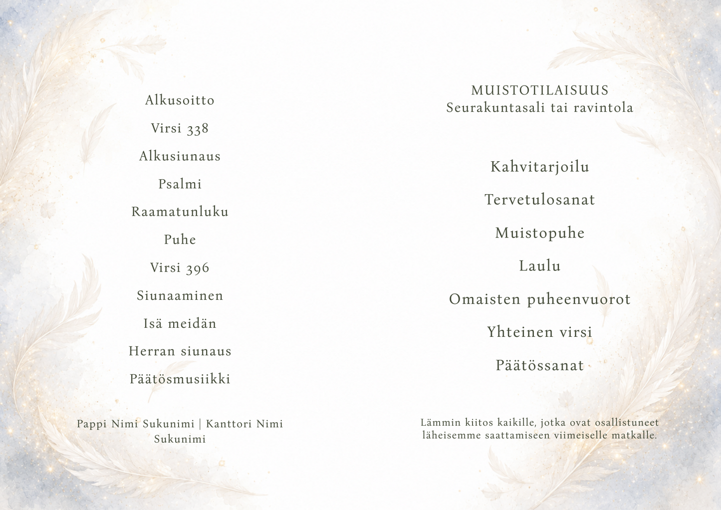 Enkeliaiheisen hautajaisohjelman A4-aukeama ohjelmarungolla – personoitava muistotilaisuuden ohjelma printable PDF.