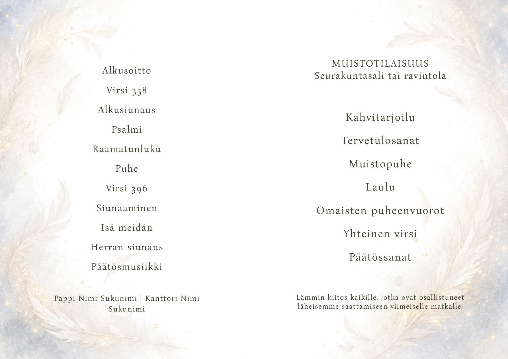 Enkeliaiheisen hautajaisohjelman A4-aukeama ohjelmarungolla – personoitava muistotilaisuuden ohjelma printable PDF.