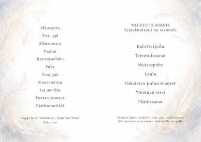 Enkeliaiheisen hautajaisohjelman A4-aukeama ohjelmarungolla – personoitava muistotilaisuuden ohjelma printable PDF.