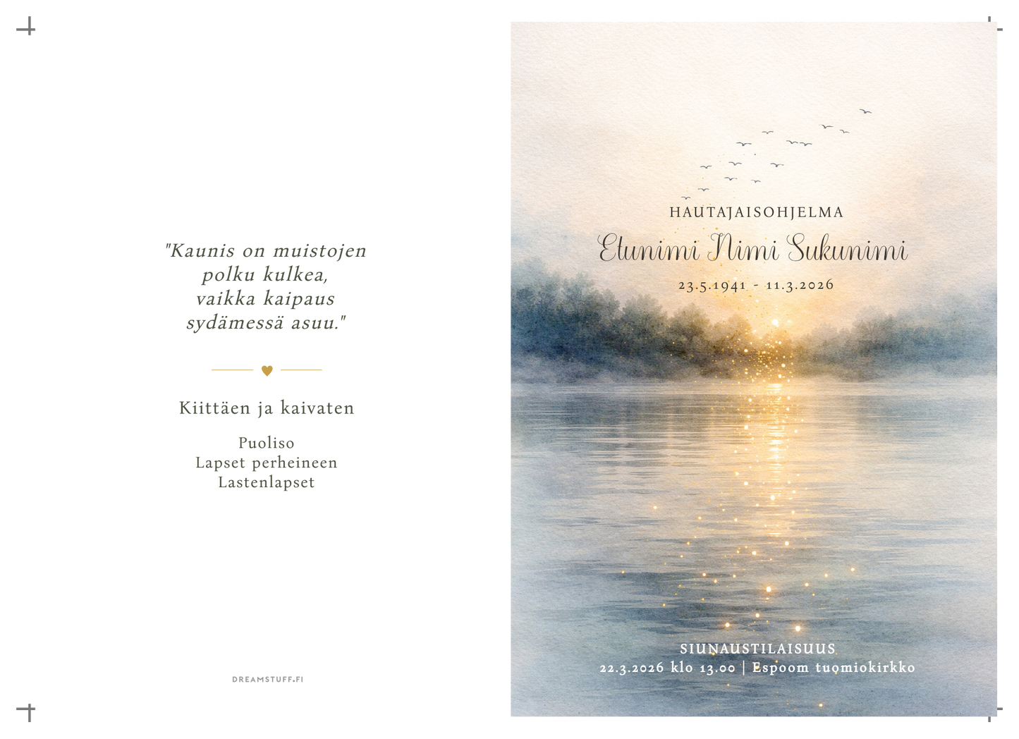 Hautajaisohjelma  – Järvi auringonlasku | A5 taitettava, ladattava PDF