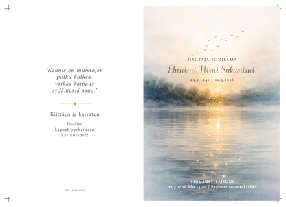 Hautajaisohjelma  – Järvi auringonlasku | A5 taitettava, ladattava PDF