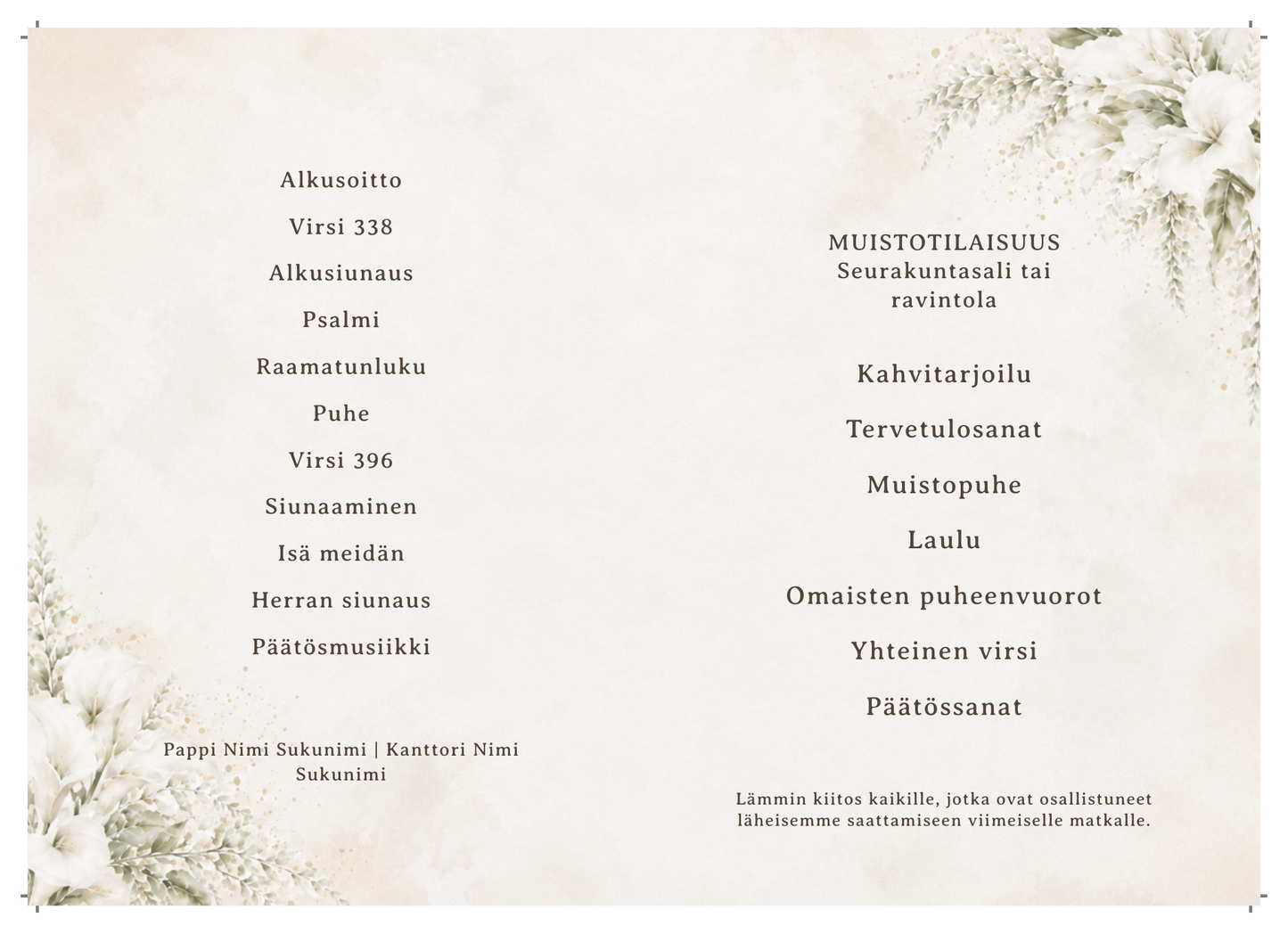 Hautajaisohjelman sisäaukeama valkoisilla liljoilla – tulostettava A4-vaaka ohjelmapohja siunaus- ja muistotilaisuuden ohjelmalle.