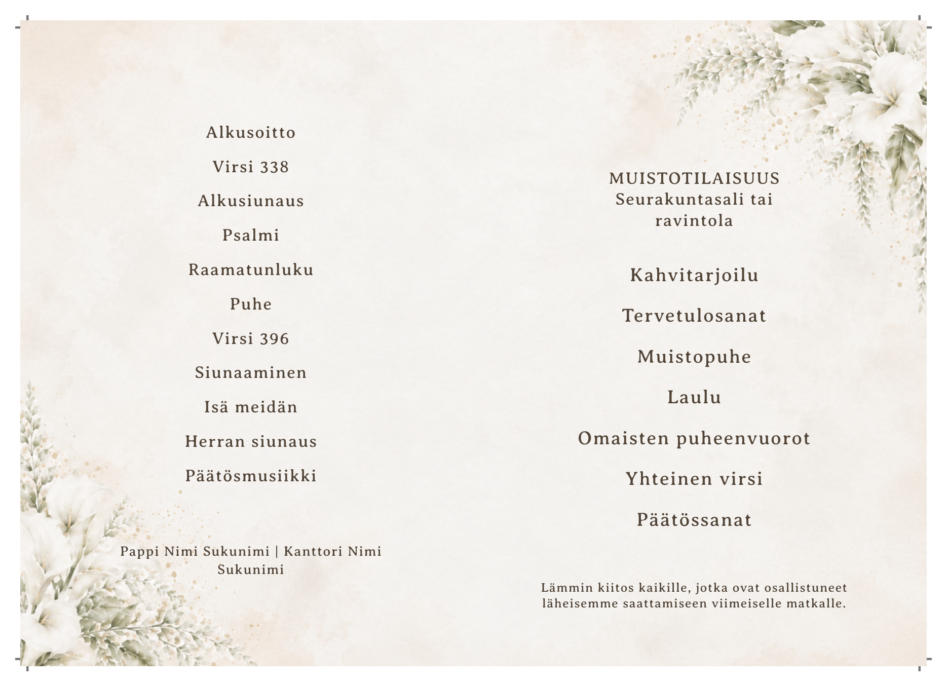 Hautajaisohjelman sisäaukeama valkoisilla liljoilla – tulostettava A4-vaaka ohjelmapohja siunaus- ja muistotilaisuuden ohjelmalle.