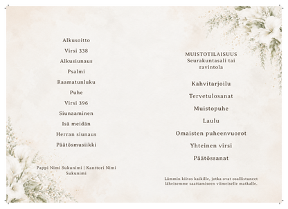 Hautajaisohjelman sisäaukeama valkoisilla liljoilla – tulostettava A4-vaaka ohjelmapohja siunaus- ja muistotilaisuuden ohjelmalle.