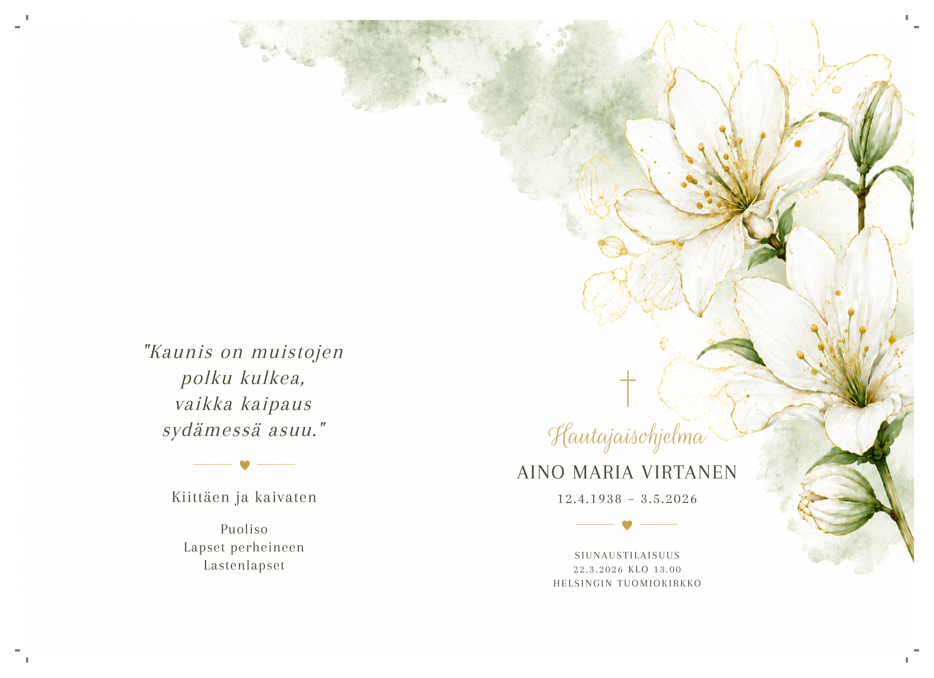 Digitaalinen hautajaisohjelma valkoisilla liljoilla – A5 taitettava muistotilaisuuden ohjelma tulostettavaksi itse PDF-muodossa.