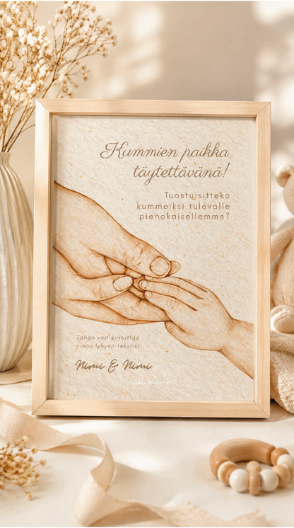 Tulostettava Tulisitko kummiksi -kortti A5 koossa, kehystetty vaaleaan puukehykseen – muokattava printable kummipyyntö Dreamstuff