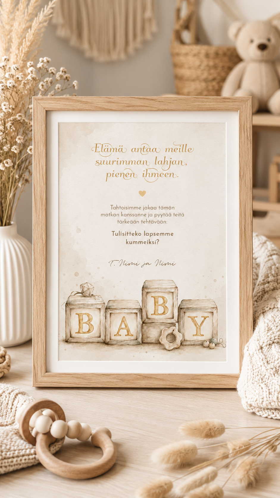 Tulostettava Tulisitko kummiksi -kortti BABY-palikoilla kehystettynä – A5 printable kummipyyntö Dreamstuff