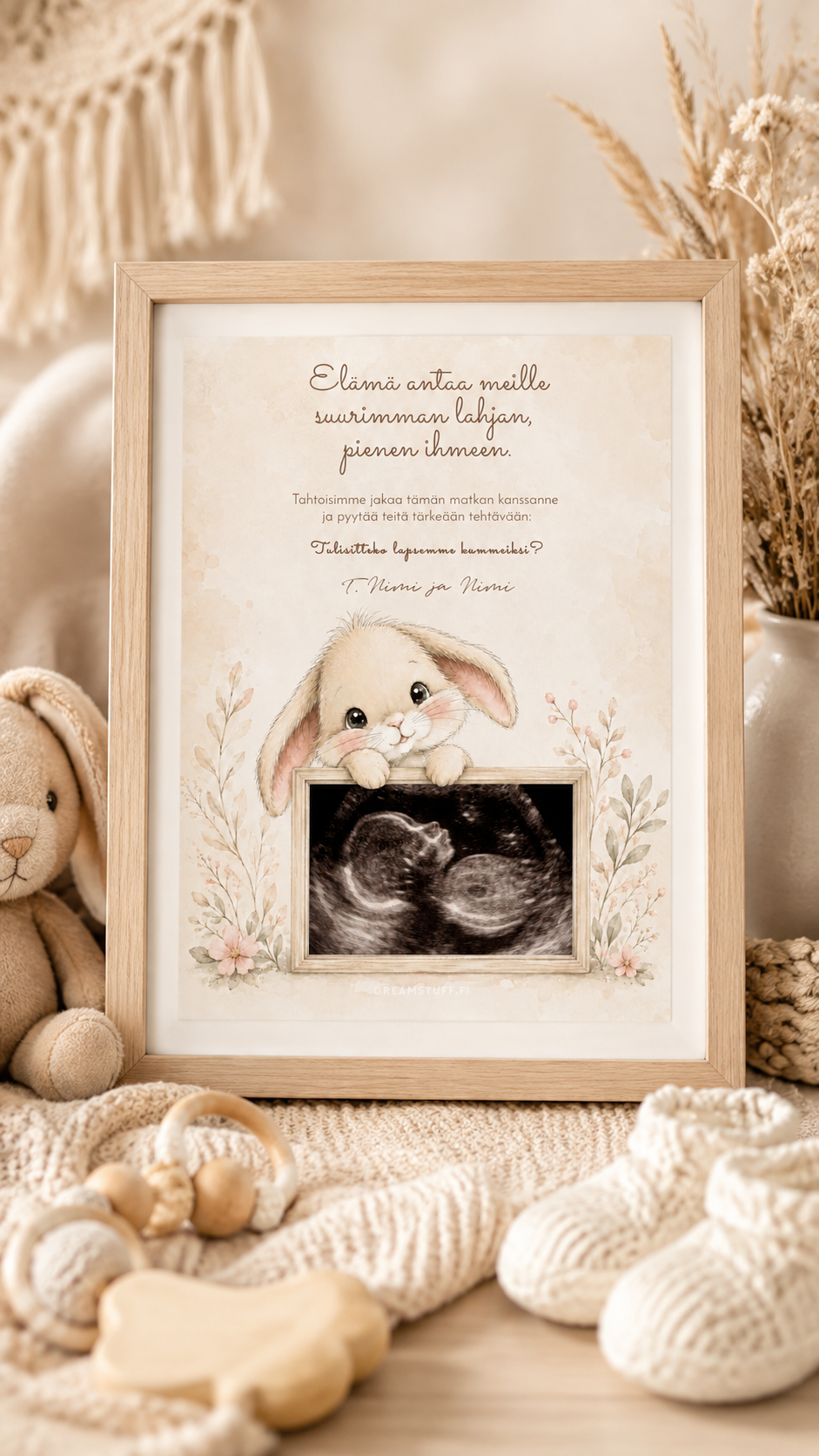 Tulostettava Tulisitko kummiksi -kortti omalla kuvalla kehystettynä – A5 printable kummipyyntö Dreamstuff