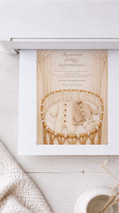 Tulostettava Tulisitko kummiksi -kortti tulostumassa kotitulostimesta – muokattava A5 printable kummipyyntö Dreamstuff