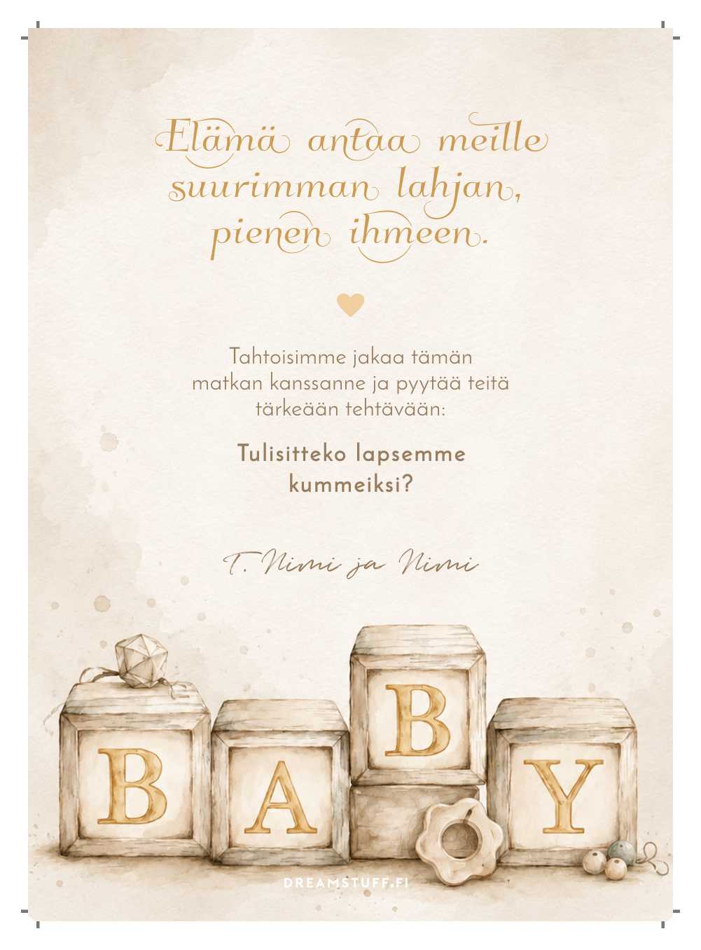 Tulisitko kummiksi -kortti BABY-palikoilla – muokattava ja tulostettava A5 kummipyyntö PDF Dreamstuff