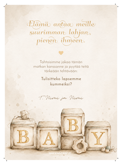 Tulisitko kummiksi -kortti BABY-palikoilla – muokattava ja tulostettava A5 kummipyyntö PDF Dreamstuff