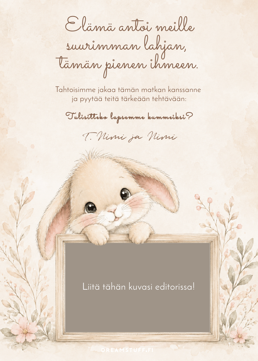 Muokattava Tulisitko kummiksi -kortti omalla kuvalla tulostumassa kotitulostimesta – printable kummipyyntö Dreamstuff