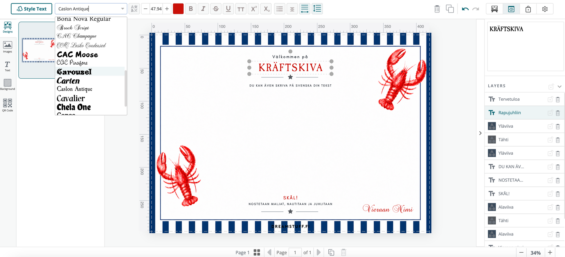 Muokkaa rapujuhla pöytätablettiin vieraan nimi selaimessa ja lataa tulostusvalmis PDF