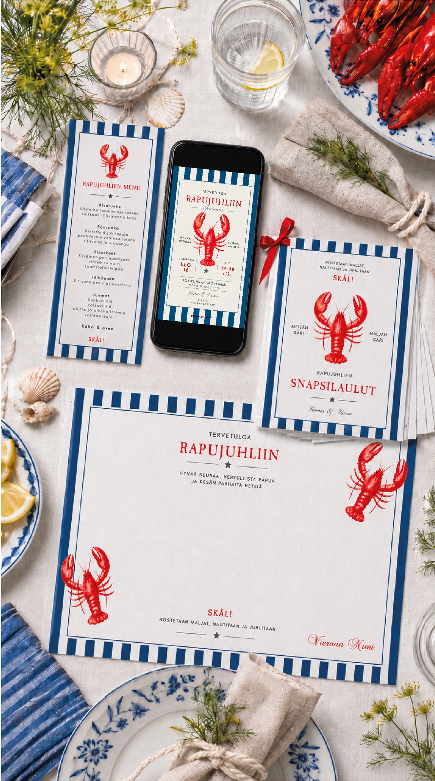 Rapujuhlapaketti Merellinen – kutsu, menu, laulukirja ja pöytätabletti | Muokattava lataustiedosto