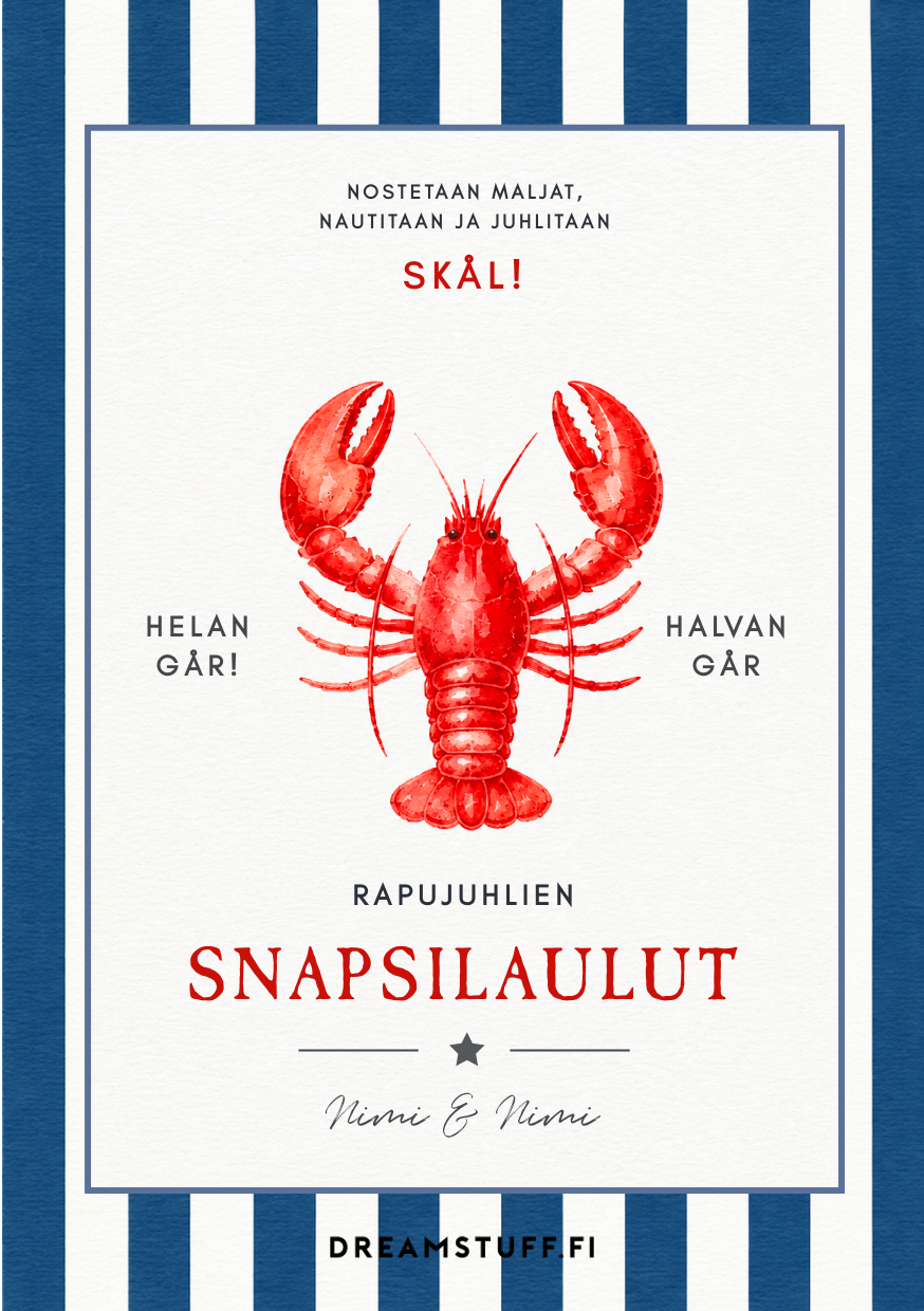 Rapujuhlien snapsilaulukirjan A5-kansi marine-sinisillä raidoilla, punaisella vesiväriravulla ja muokattavilla teksteillä.