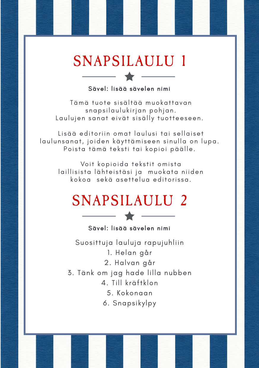 Muokattavan rapujuhlien laulukirjan ensimmäinen A5-sisäsivu, valmiit paikat kahden snapsilaulun nimille ja sanoille.