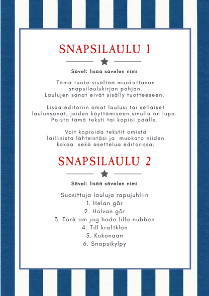 Muokattavan rapujuhlien laulukirjan ensimmäinen A5-sisäsivu, valmiit paikat kahden snapsilaulun nimille ja sanoille.