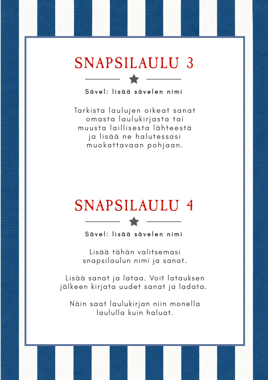 Rapujuhlien printable-laulukirjan toinen A5-sisäsivu, muokattavat tekstikentät snapsilauluille ja sävelmien nimille.