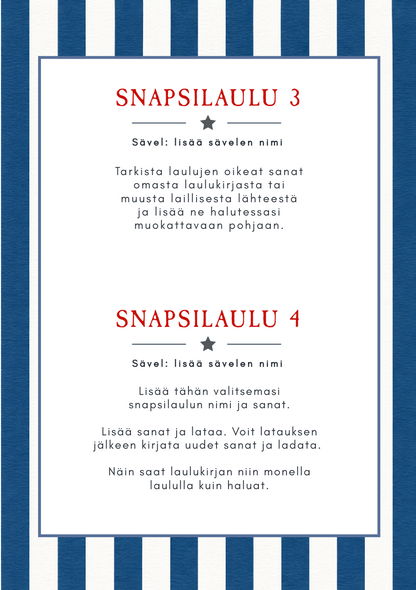 Rapujuhlien printable-laulukirjan toinen A5-sisäsivu, muokattavat tekstikentät snapsilauluille ja sävelmien nimille.