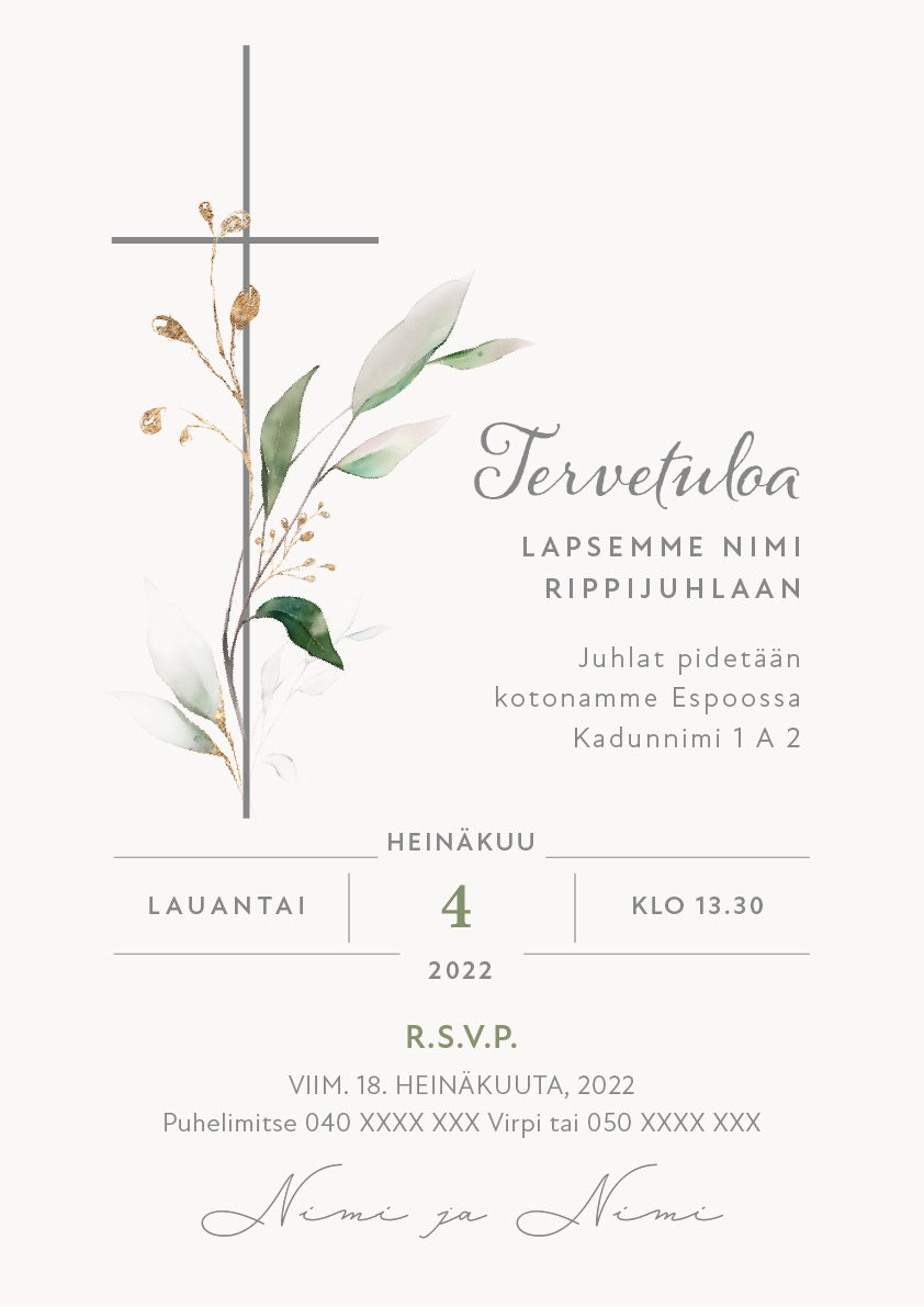 Painettu kutsu rippijuhlaan - Risti