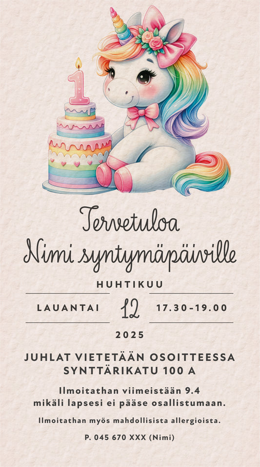 Digitaaliset lastenkutsut teemalla - Yksisarvinen ja kakku