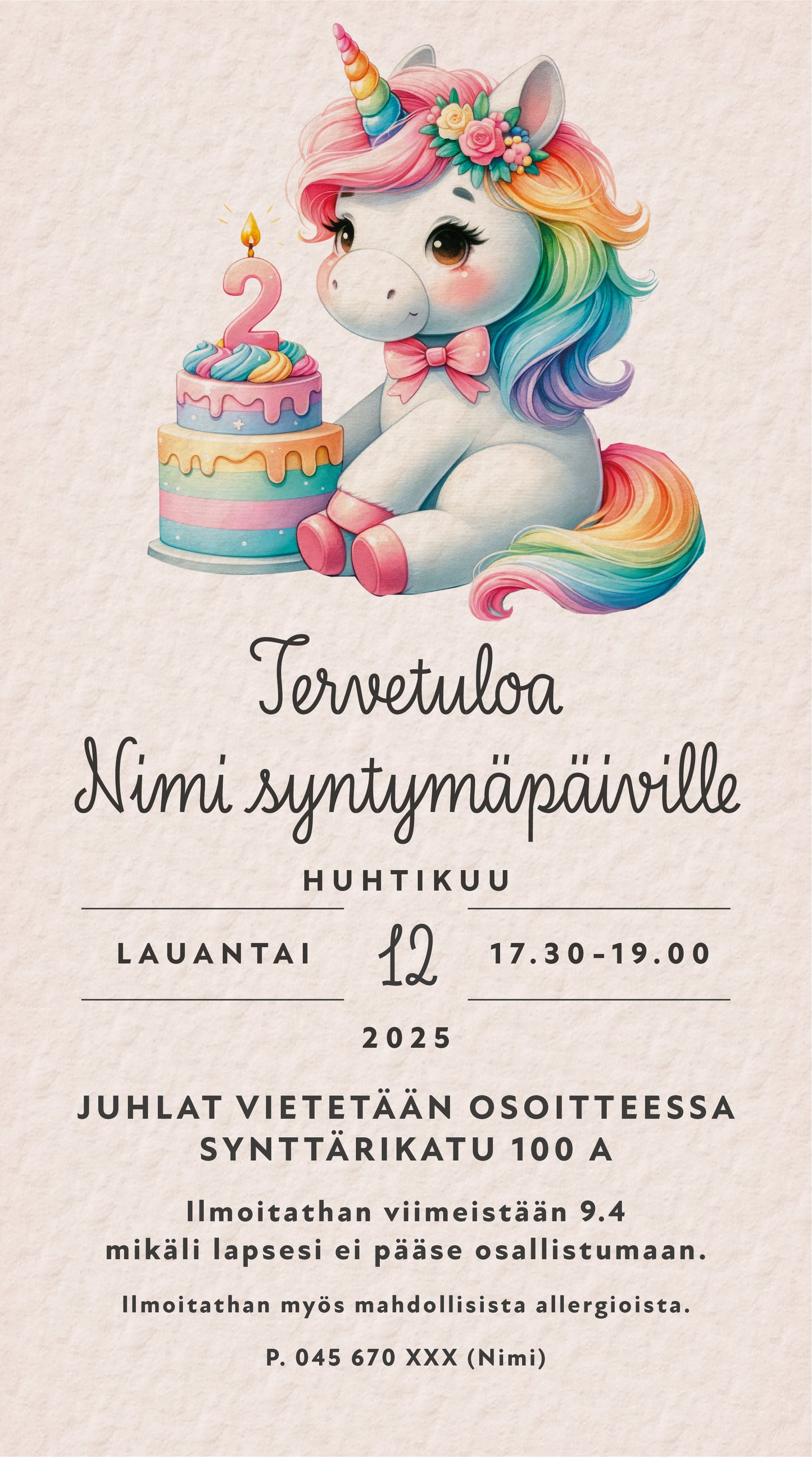 Digitaaliset lastenkutsut teemalla - Yksisarvinen ja kakku