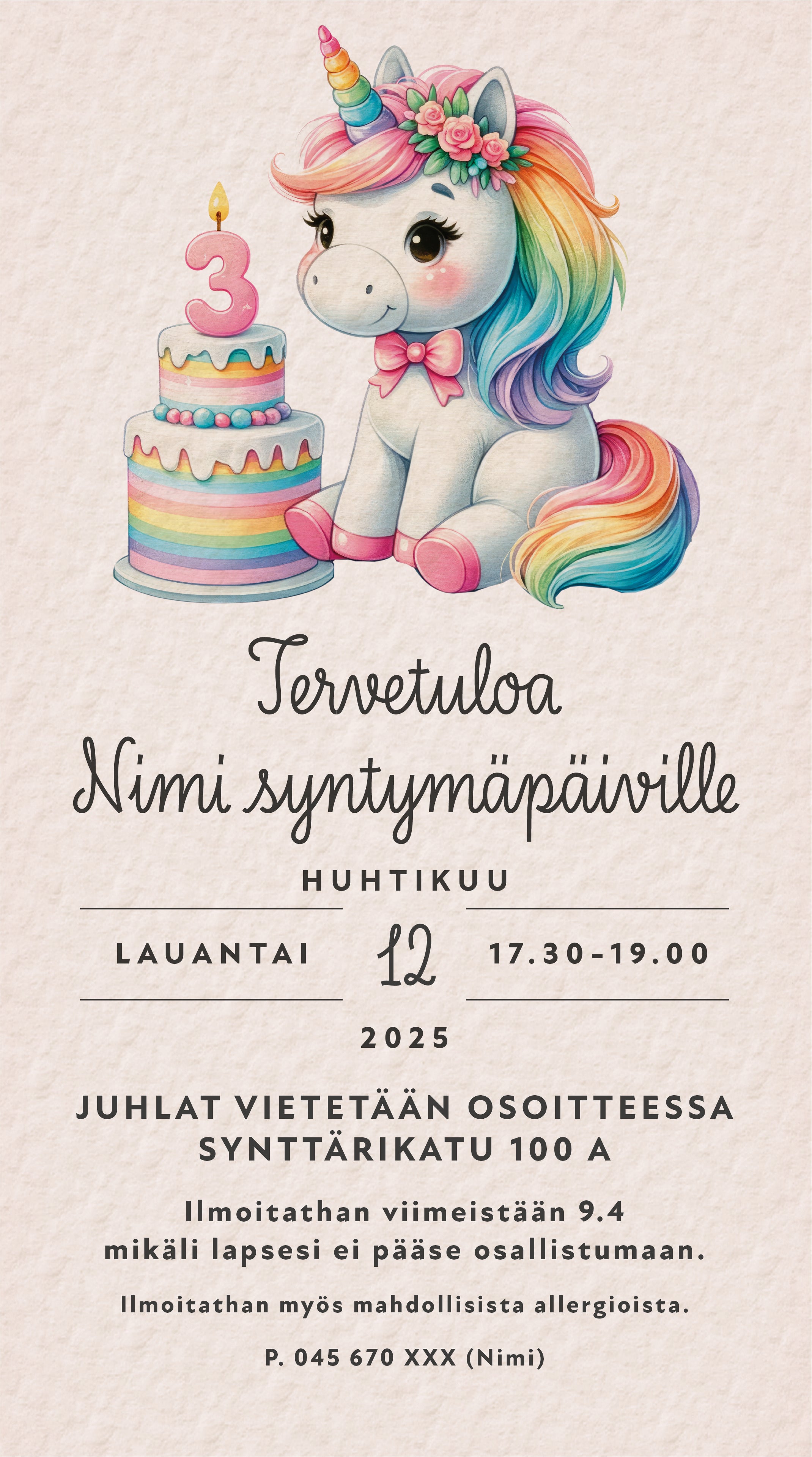 Digitaaliset lastenkutsut teemalla - Yksisarvinen ja kakku