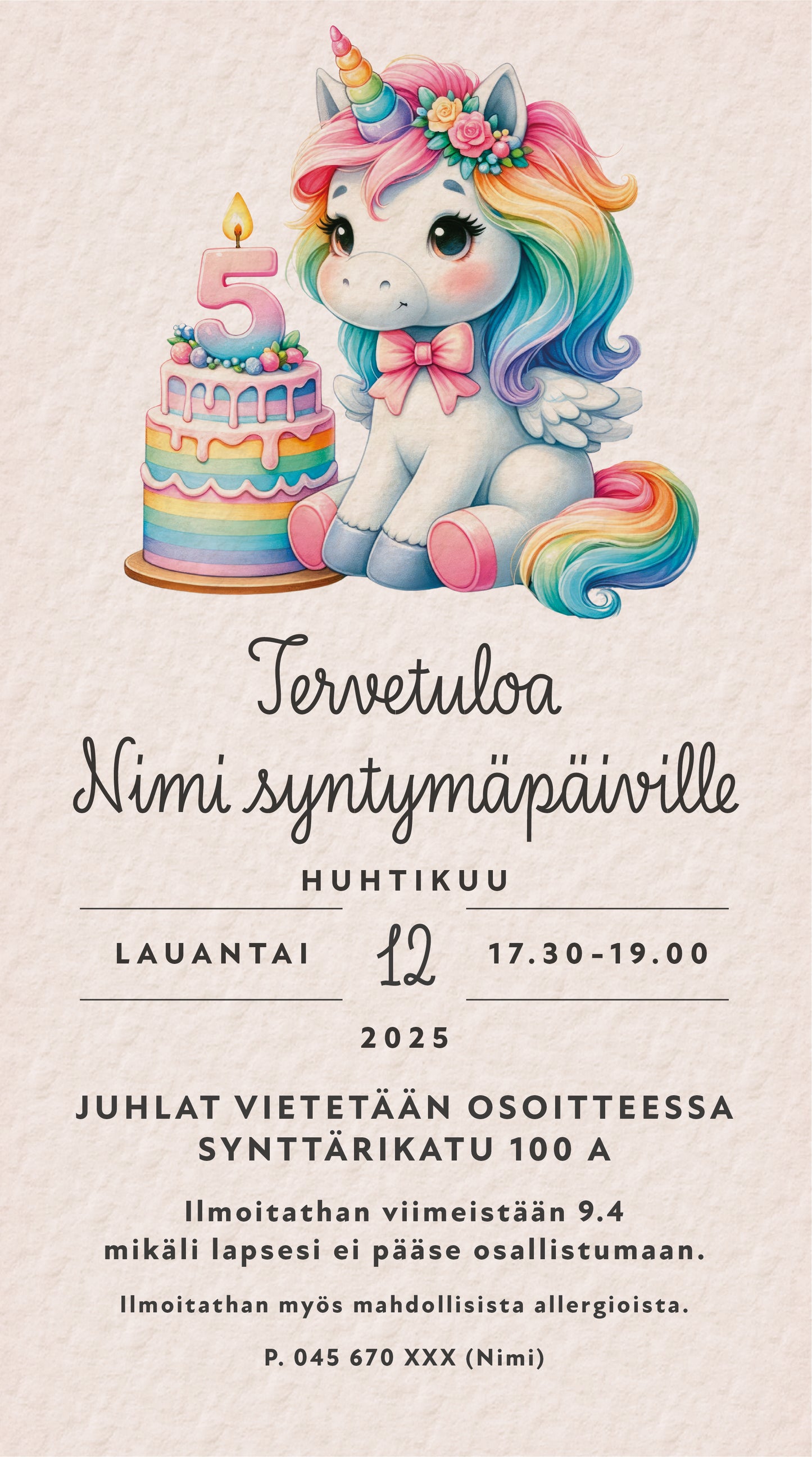 Digitaaliset lastenkutsut teemalla - Yksisarvinen ja kakku