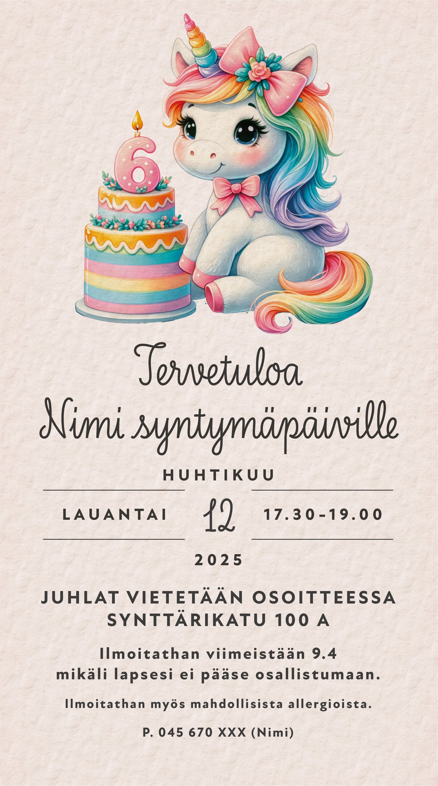 Digitaaliset lastenkutsut teemalla - Yksisarvinen ja kakku