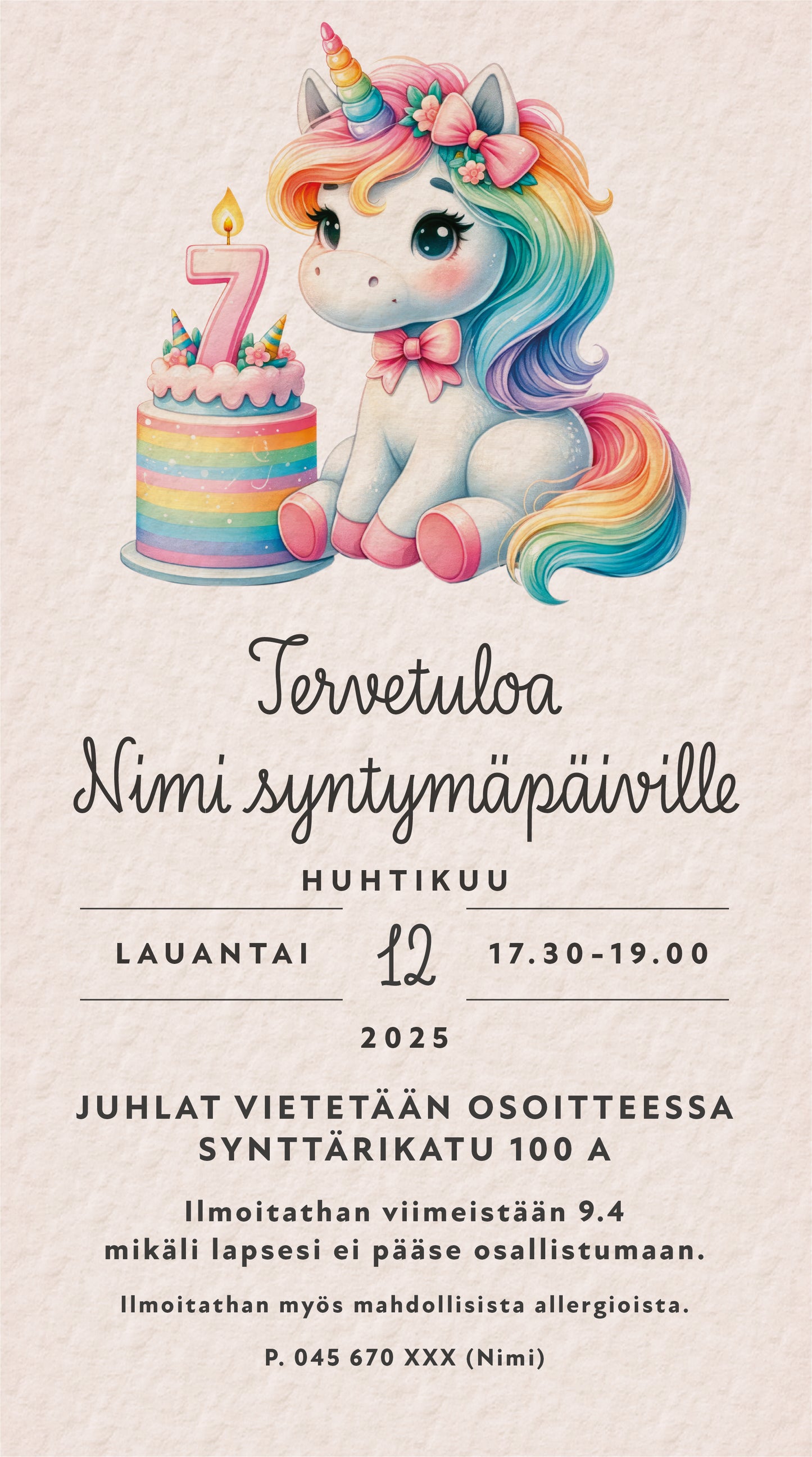 Digitaaliset lastenkutsut teemalla - Yksisarvinen ja kakku