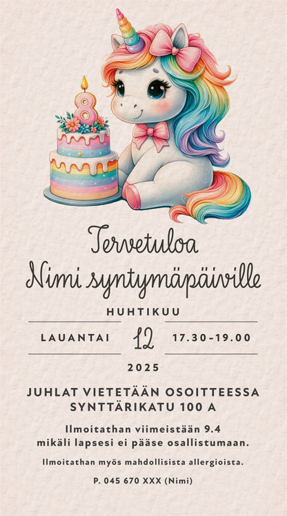 Digitaaliset lastenkutsut teemalla - Yksisarvinen ja kakku
