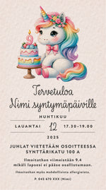 Lataa kuva Galleria-katseluun, Digitaaliset lastenkutsut teemalla - Yksisarvinen ja kakku
