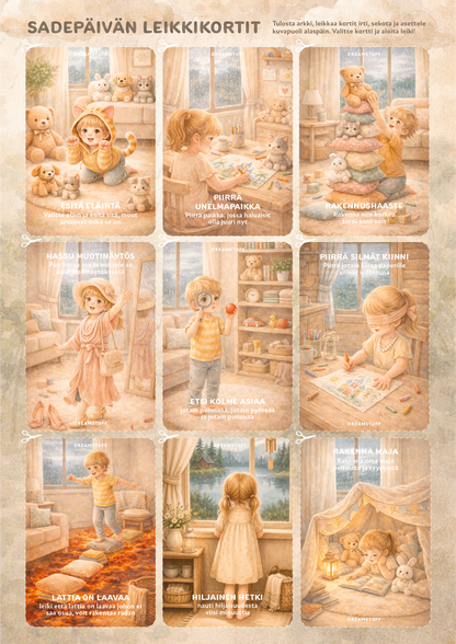 Sadepäivän leikkikortit lapsille – tulostettavat koortit
