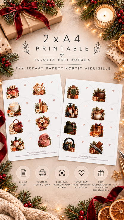 Tulostettavat pakettikortit aikuisille – Toivelahjat | 2 x A4 Printable (PDF)