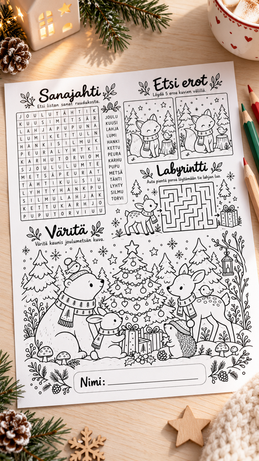 Jouluinen puuha-arkki lapsille – Metsäneläinten joulu | A3 Printable (PDF)