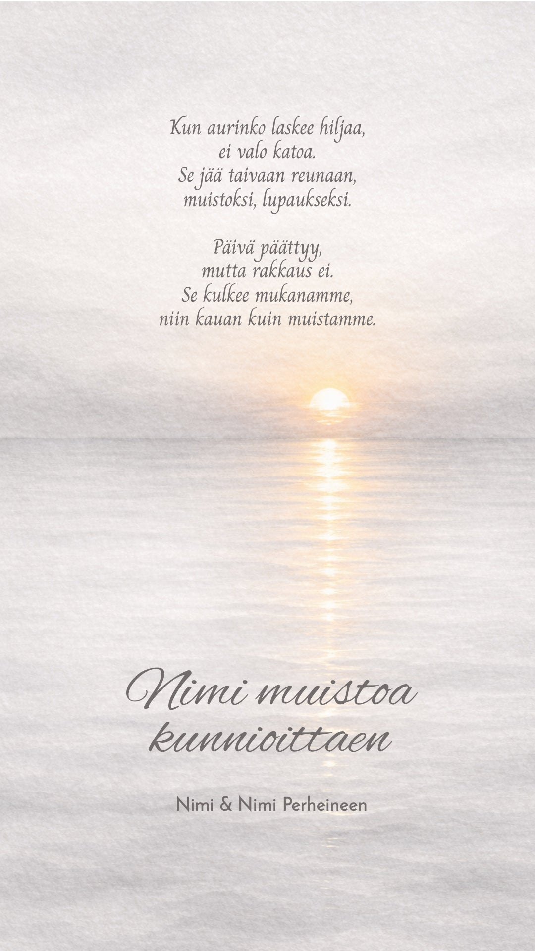 Akvarellinen auringonlasku tyynen maiseman yllä – herkkä suruadressin kuva muistamiseen ja osanottoon. Dreamstuff